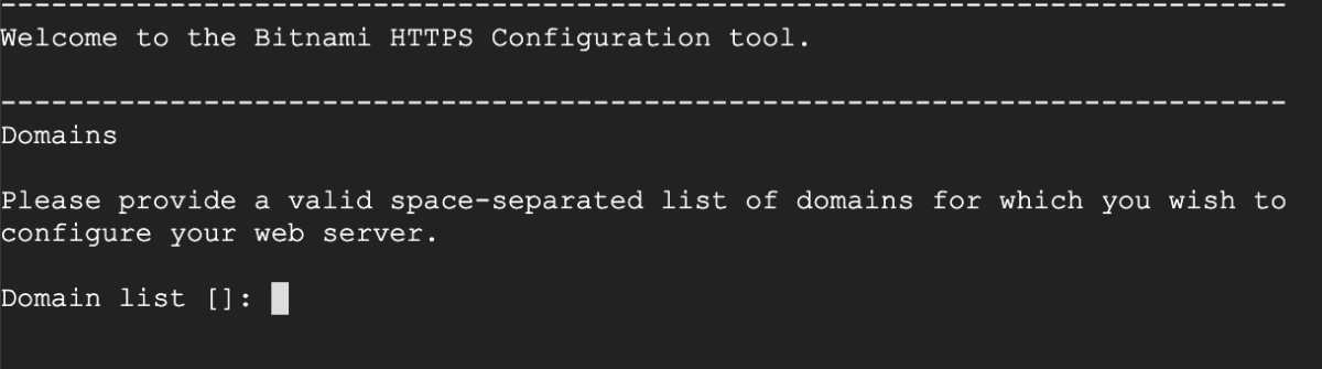 A screenshot of the SSH window showing the process of installing an SSL certificate using the Bitnami HTTPS Configuration tool.